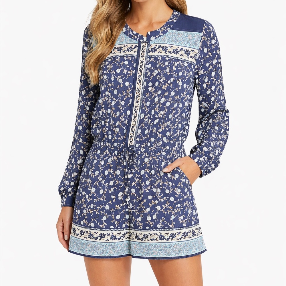 Ann Taylor LOFT Women's Shorts Romper Roll up long sleeve Delft Blue Size Small